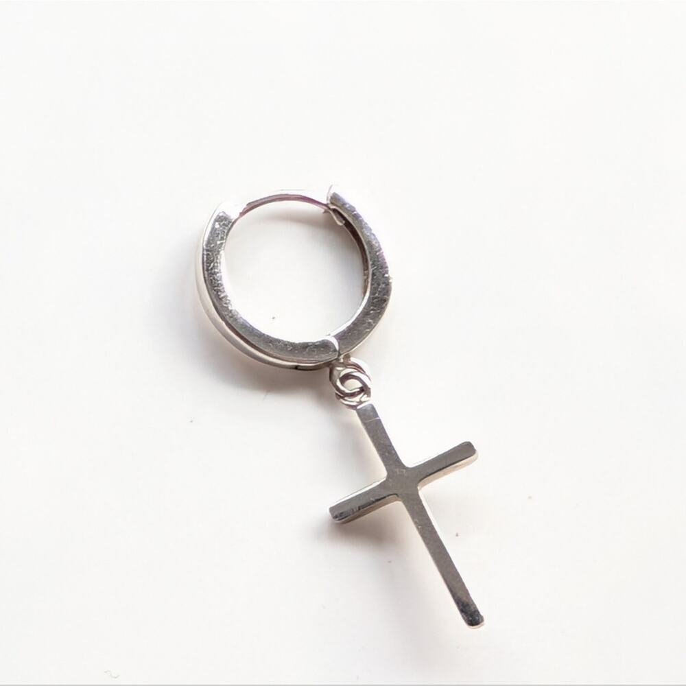 Single Sterling Silver Cross Dangle Cartilage Piercing Huggie Hoop Earring